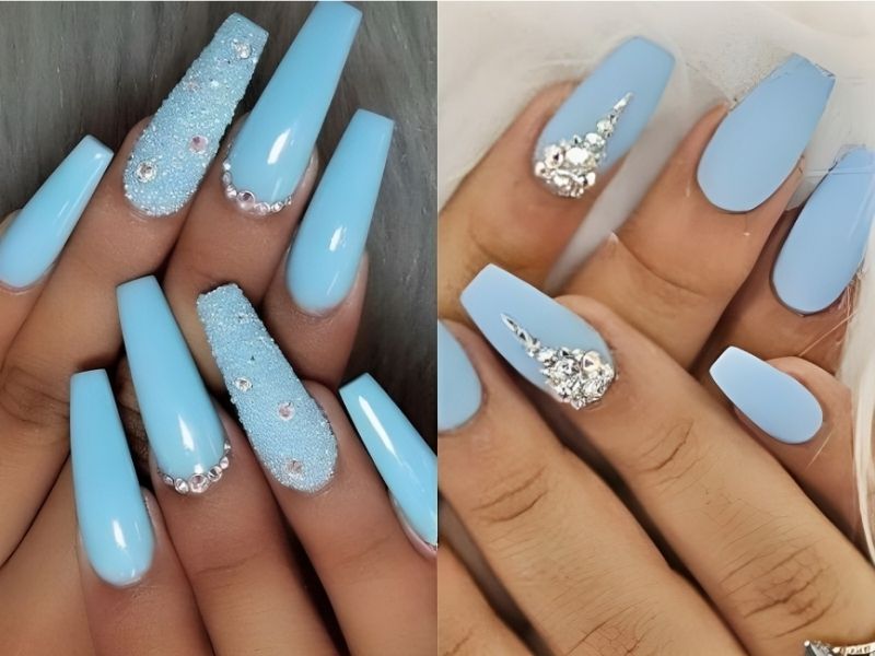 những Mẫu nail màu xanh dương nhạt đính đá trắng