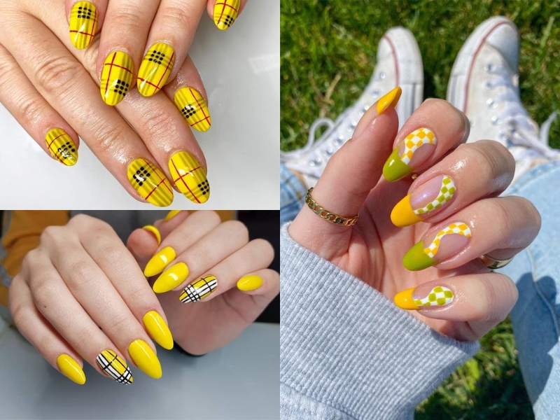 Mẫu nail caro vàng dáng móng oval