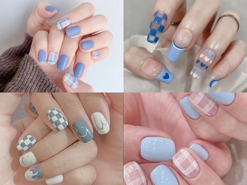 Nail tone xanh biển kẻ sọc caro