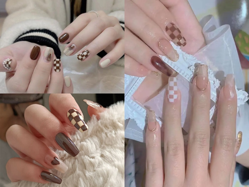 Nail màu nâu họa tiết caro 