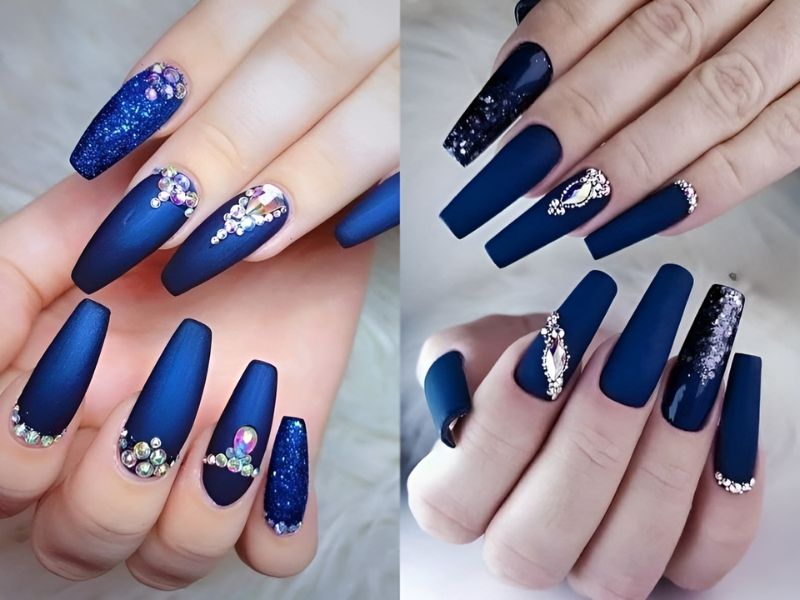 Mẫu nail xanh dương kết hợp đính đá 