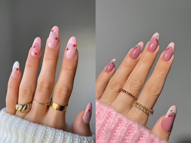 Nail nhọn hồng họa tiết trái cây rất được yêu thích (Nguồn: Prada & Pearls, Whole Latte Kimi)