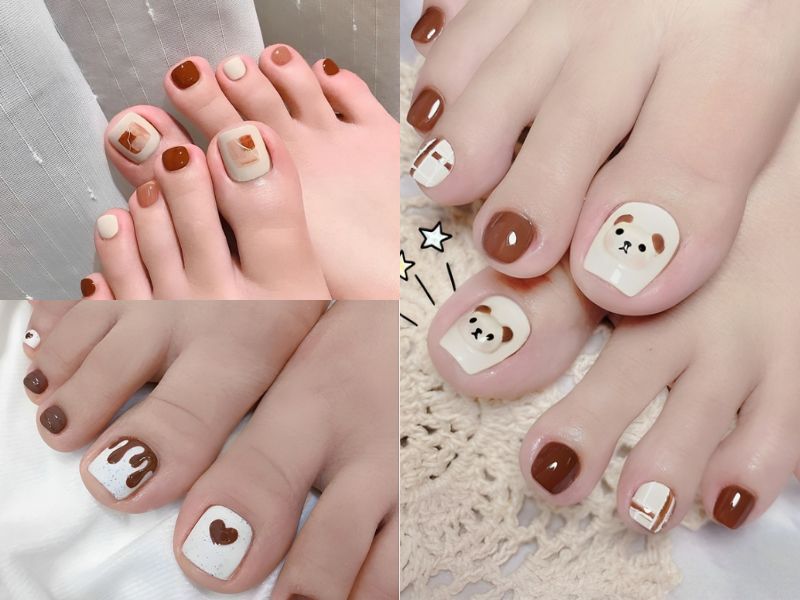 Mẫu nail chân màu trắng mix màu nâu