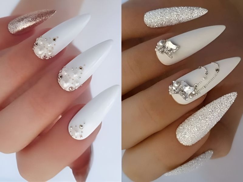 Nail màu trắng đính đá