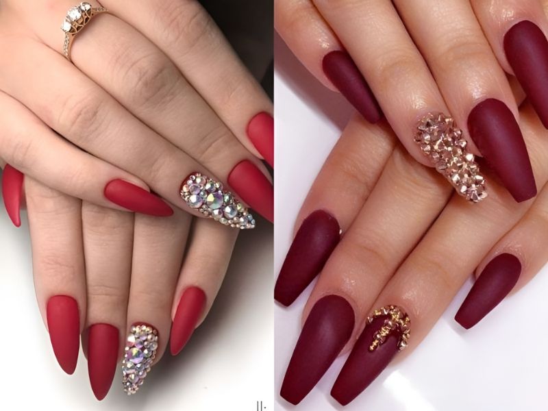 mẫu nail đỏ sậm đính charm