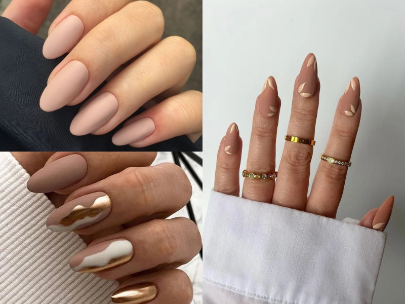 Nail màu nâu matte có họa tiết lá