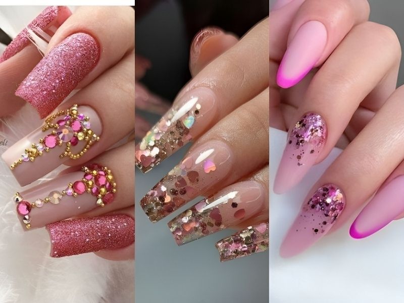 Những mẫu nail kim tuyến màu hồng 