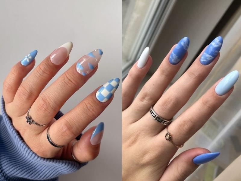 Mẫu nail màu xanh pastel có họa tiết