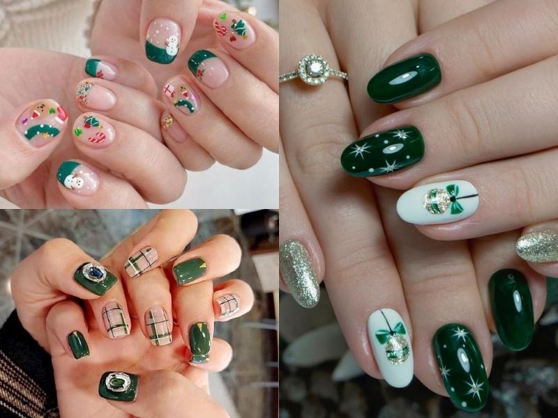 Nail màu xanh lá vẽ hoạ tiết noel