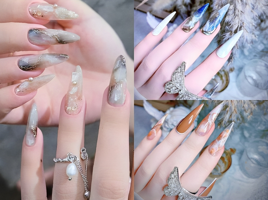 Nail vân đá móng nhọn lấp lánh