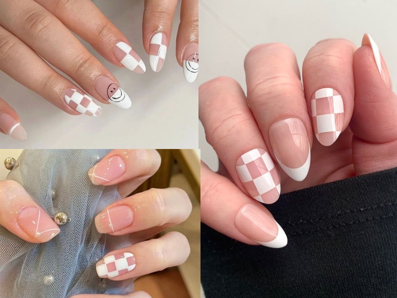 Mẫu nail caro trắng bàn cờ