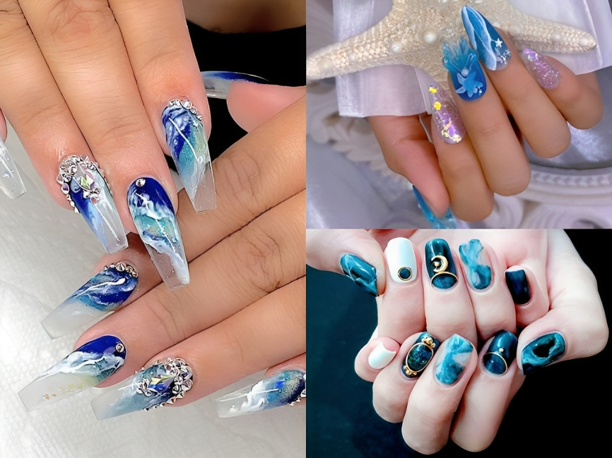 Nail vân đá bọt biển xanh dương