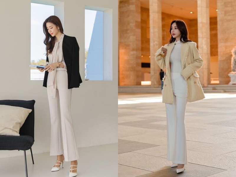 Quần tây ống loe trắng phối cùng áo blazer