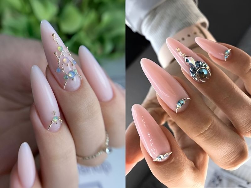 Mẫu nail đính đá tông hồng 