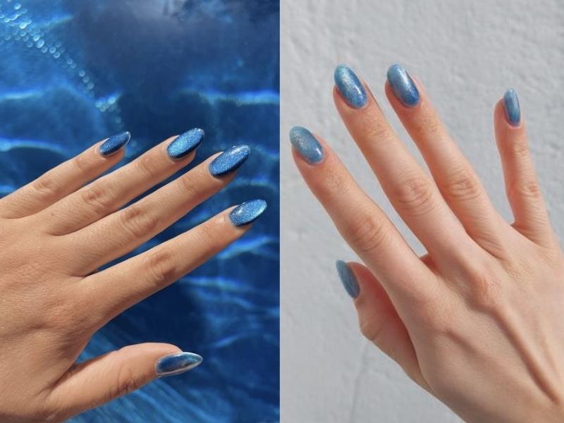 Mẫu nail màu xanh dương mắt mèo