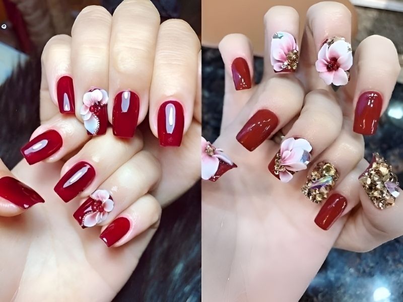 Những mẫu nail màu đỏ kết hợp đắp bột 3D vẽ hoa và đính đá