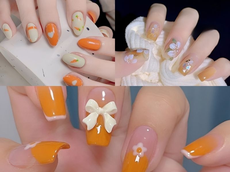 Nail màu cam đinh charm nơ