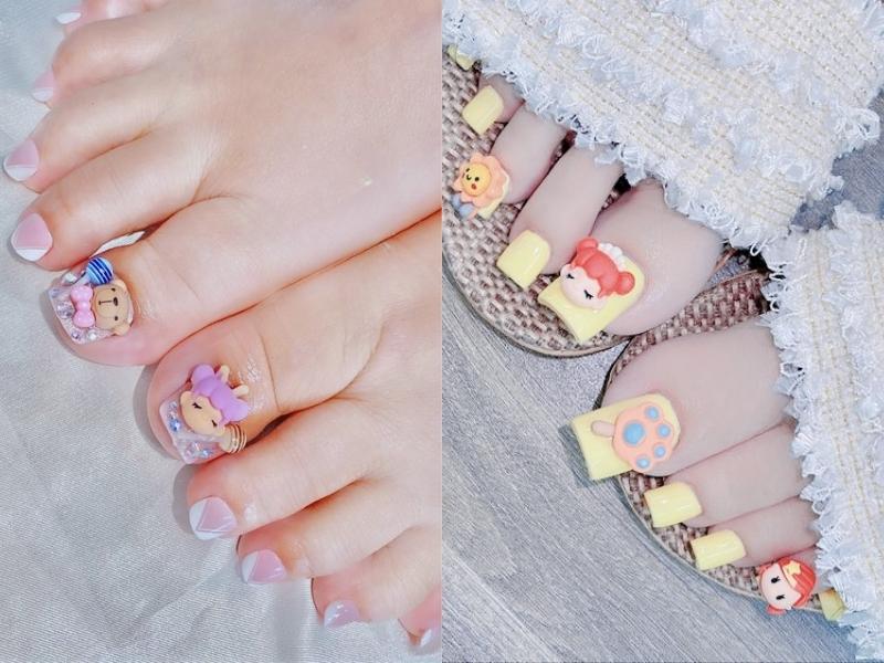 nail chân đính charm hoạt hình sơn màu sáng