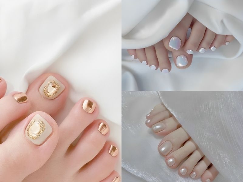 Mẫu nail chân màu trắng tráng gương