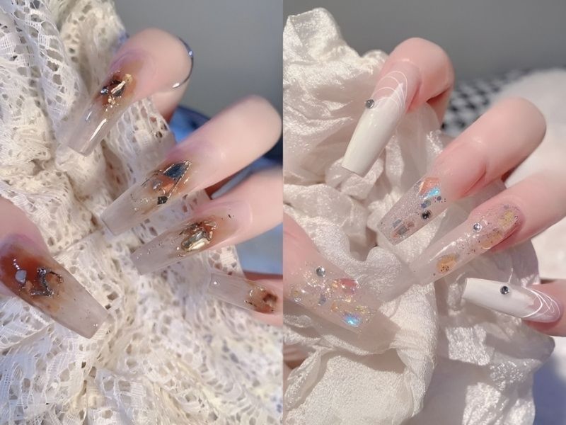 mẫu nail trong suốt đính charm