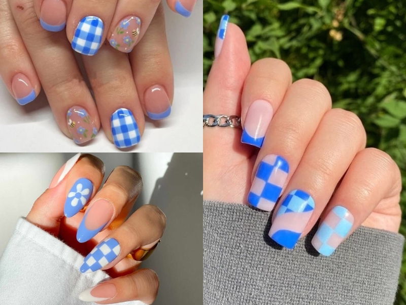 Mẫu nail caro xanh lam có họa tiết hoa