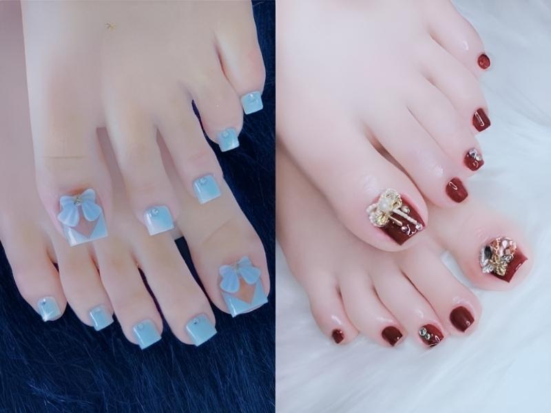 nail chân đính charm nơ và đá