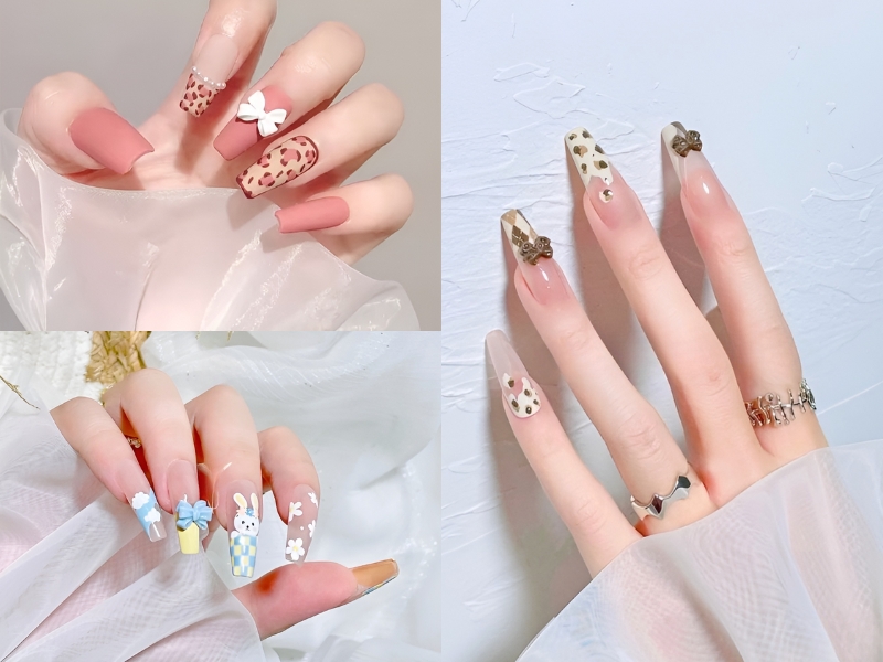 Nail đính nơ nhiều màu dễ thương cho bạn cute. (Nguồn: Khiết Vân - Pinterest)