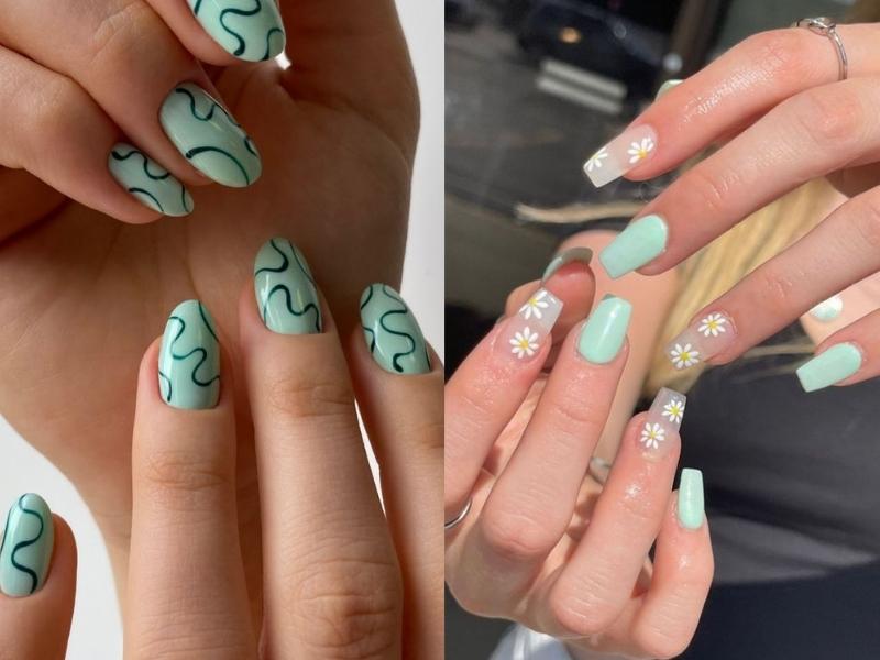 Mẫu nail màu xanh mint họa tiết