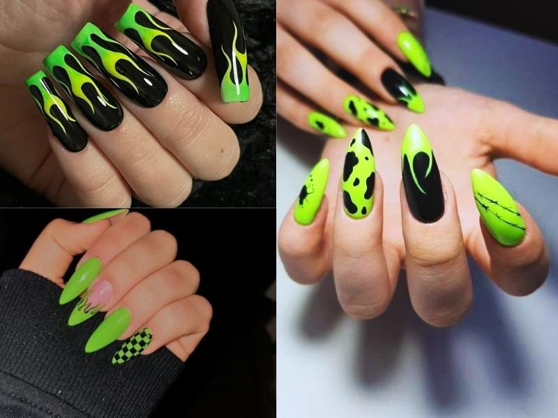 Nail màu đen phối xanh neon móng nhọn