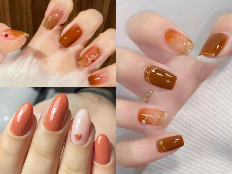 Nail màu nâu cam họa tiết hoa và trái tim