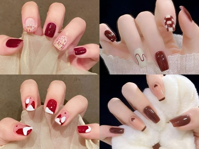 Nail đỏ vẽ hoạ tiết đơn giản