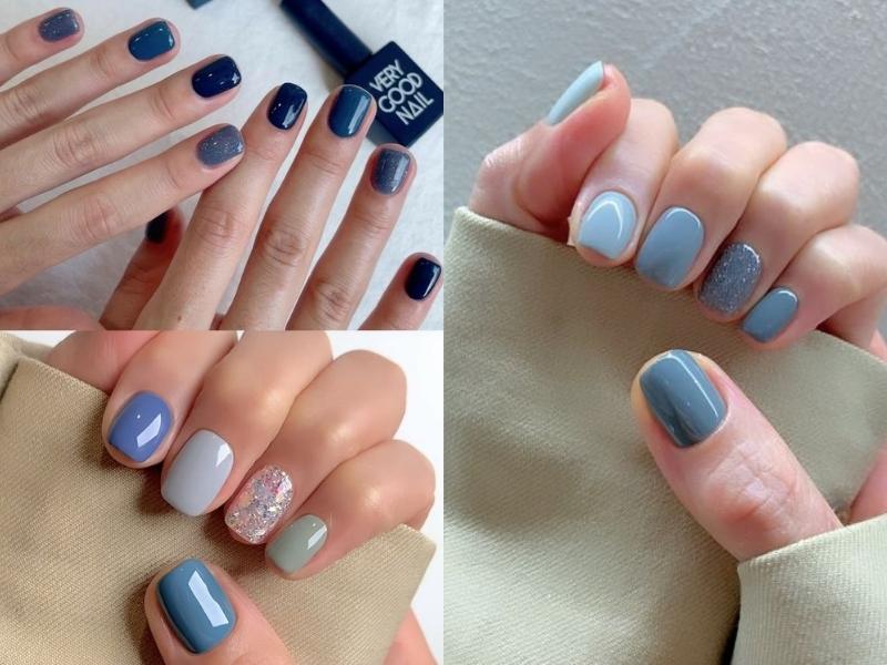 Mẫu nail màu xanh kim tuyến một móng