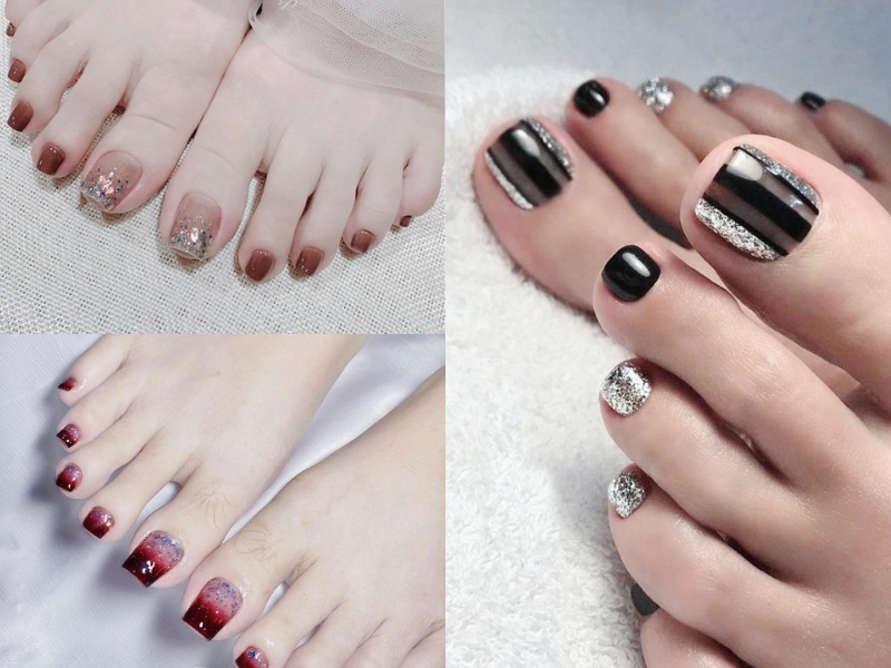 mẫu nail chân đính kim tuyến đỏ, đen