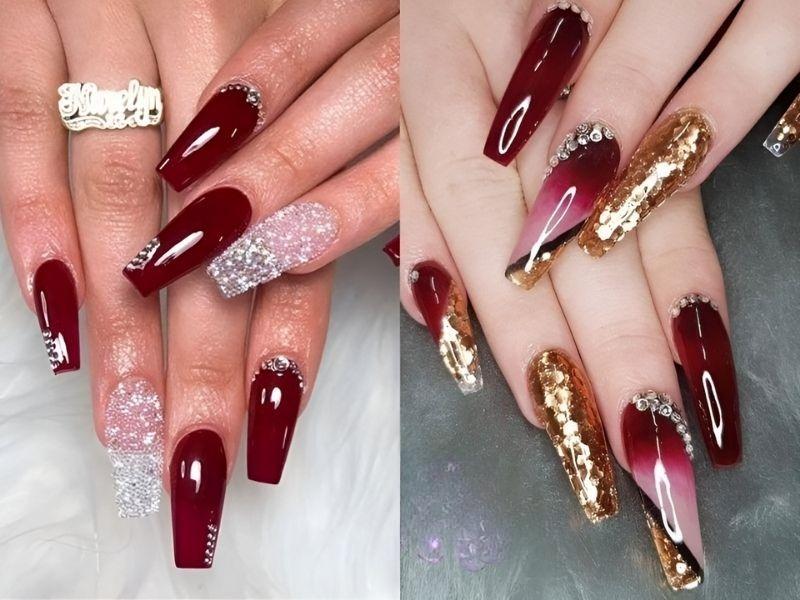 Mẫu nail màu đỏ kim tuyến cho ngày cưới 