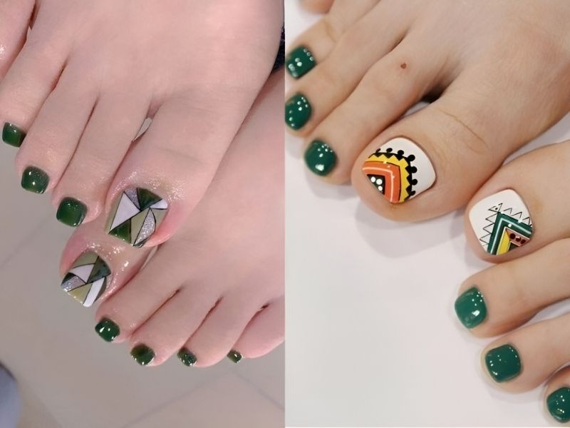 Mẫu nail chân màu xanh ngọc hoa văn