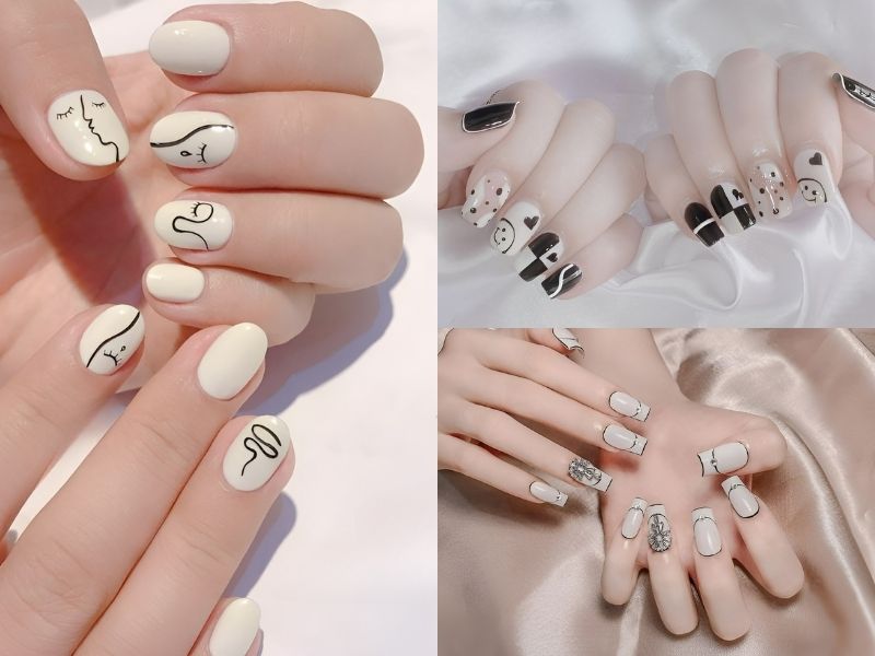 Nail trắng vẽ hoạ tiết đen nổi bật