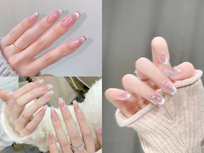 mẫu nail tráng gương ánh hồng pha nhũ