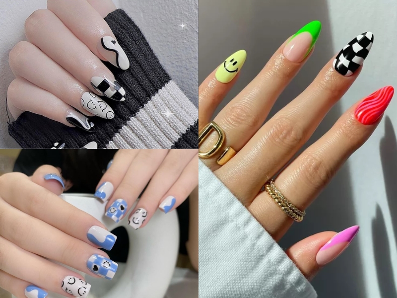 Mẫu nail caro vẽ mặt cười