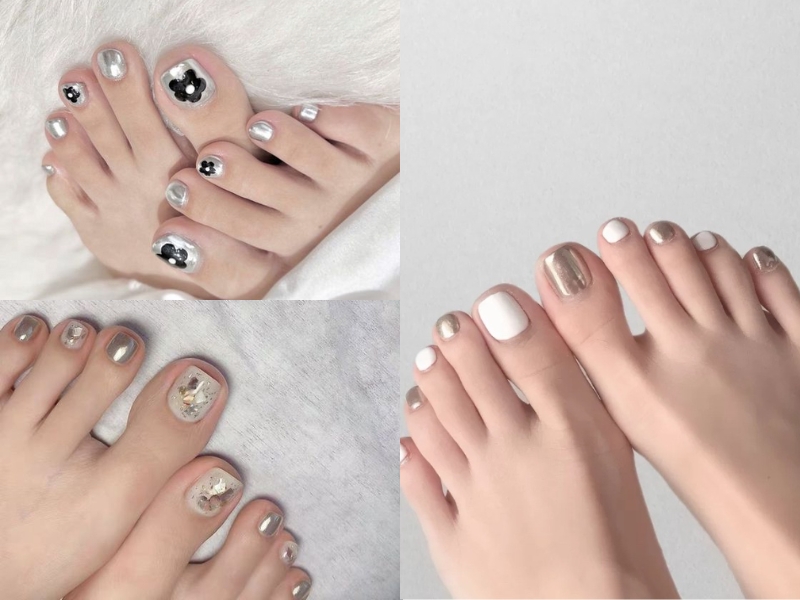 mẫu nail tráng gương màu bạc