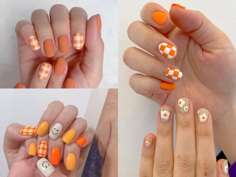 Mẫu nail caro cam móng ngắn họa tiết