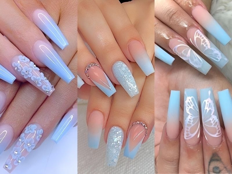 Mẫu nail ombre màu xanh dương nhạt vẽ hoa 3D và đính đá