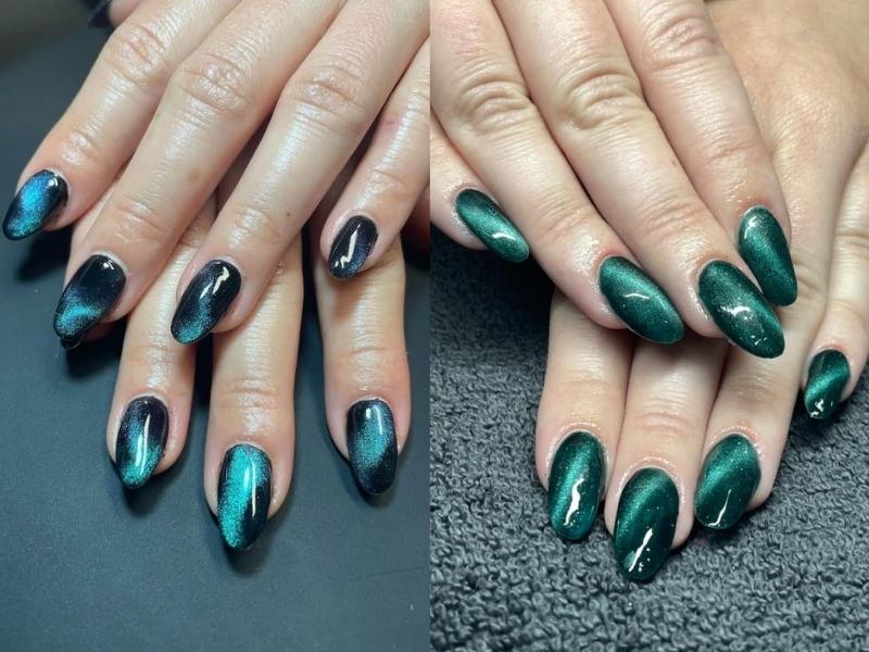 Mẫu nail màu xanh mắt mèo vân đá