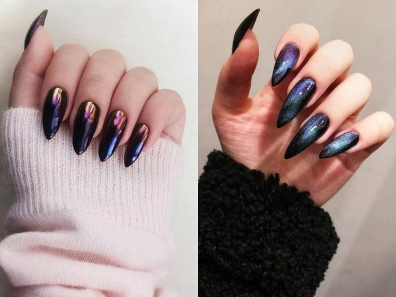 Mẫu nail nhọn dài mắt mèo cầu vồng