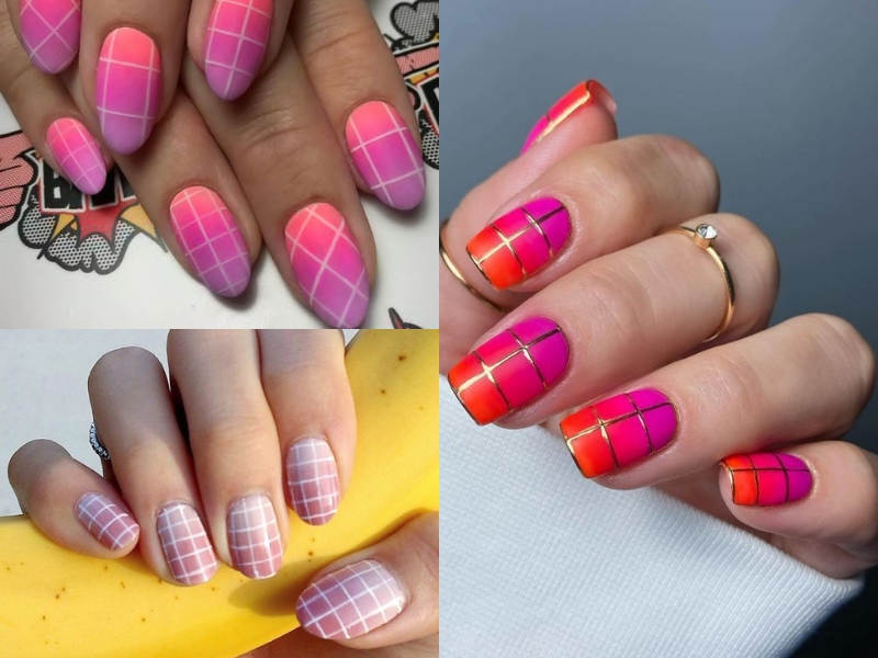 Mẫu nail caro ombre móng ngắn