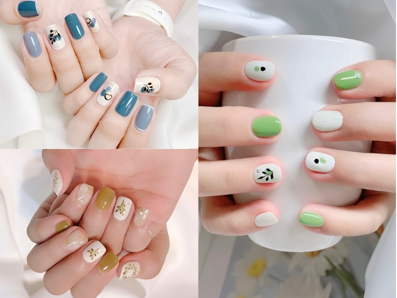 Nail ngắn mix hoa lá hiện đại. (Nguồn: Ann Nhi - Pinterest)