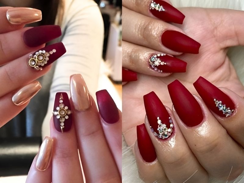 Những mẫu nail đính đá màu đỏ cho cô dâu