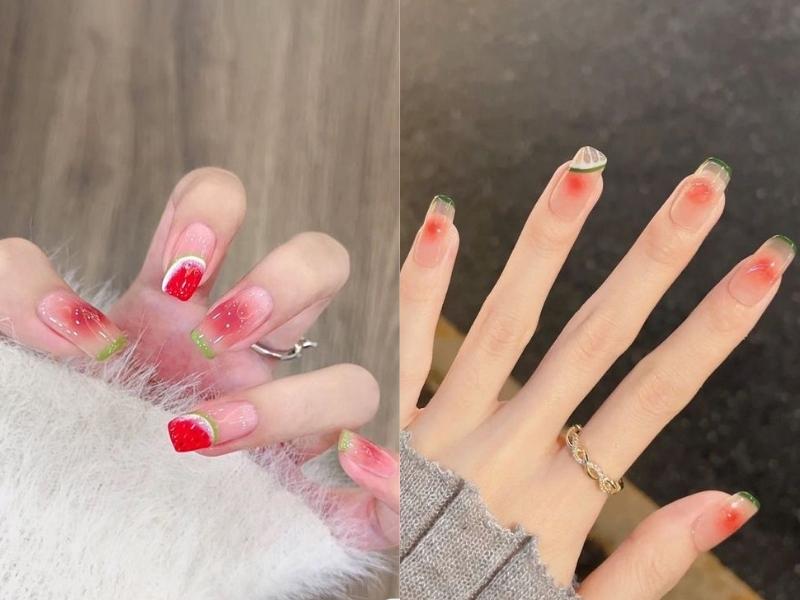 nail hàn quốc vẽ trái cây màu hồng