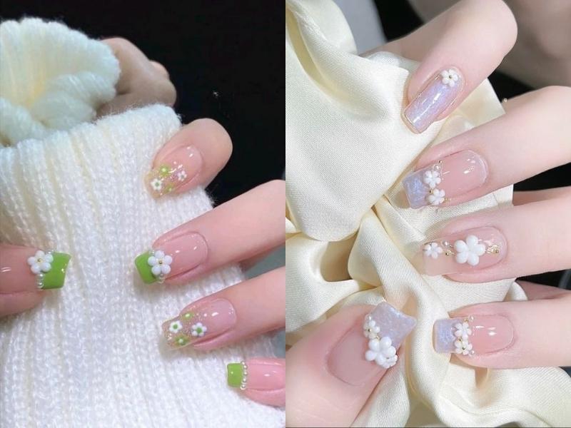 nail hàn quốc đính charm hoa màu xanh lá và tím