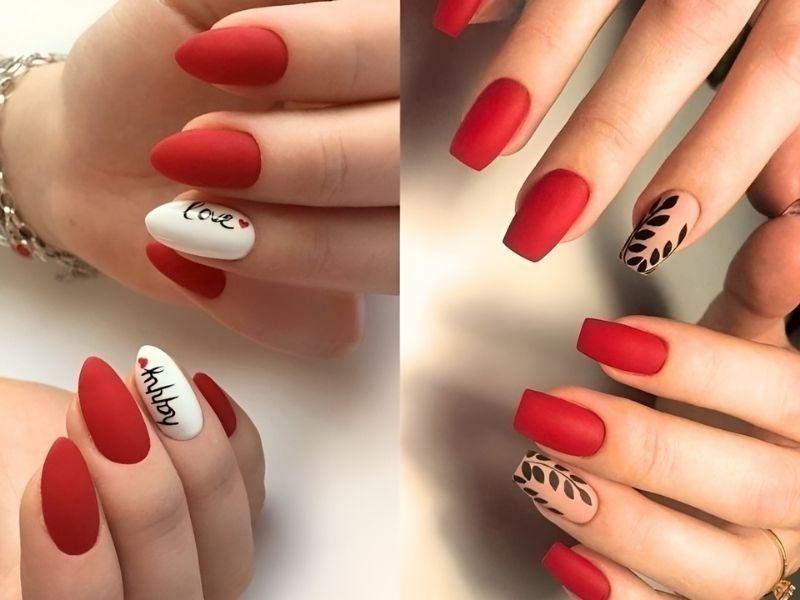 Những mẫu nail màu đỏ đất vẽ lá