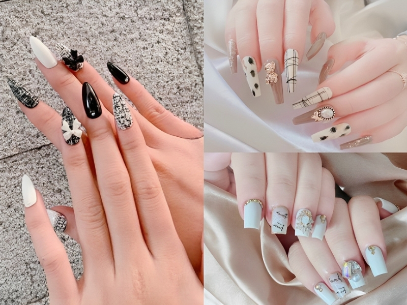 Nail tay trắng đính charm 